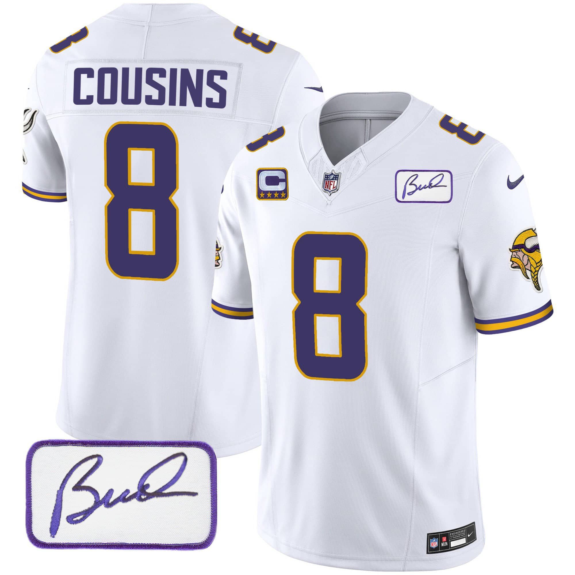 Men Minnesota Vikings #8 Cousins White 2024 Nike Bud Grant Patch Classic Limited NFL Jersey style 1